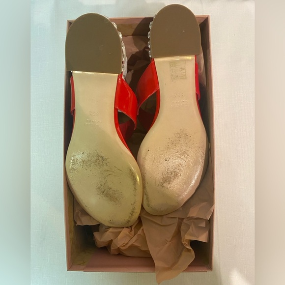 Miu Miu Thong Sandals Red Patent Leather  Metal & Rhinestone Low Heel 8.5B Italy - Picture 13 of 15